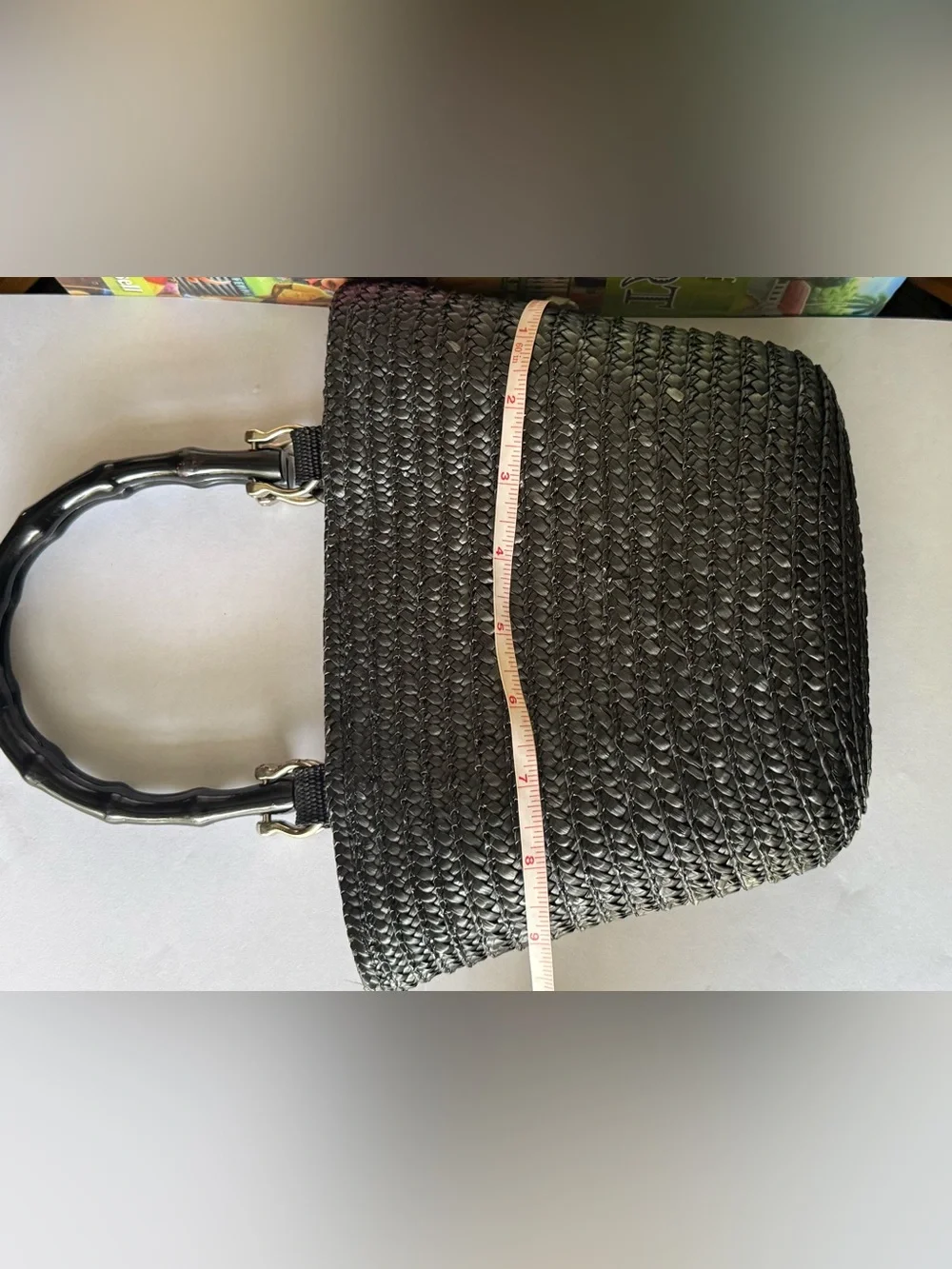 Black 1980s St John’s Bay Woven Handbag with Bamboo Handles polka dot lining